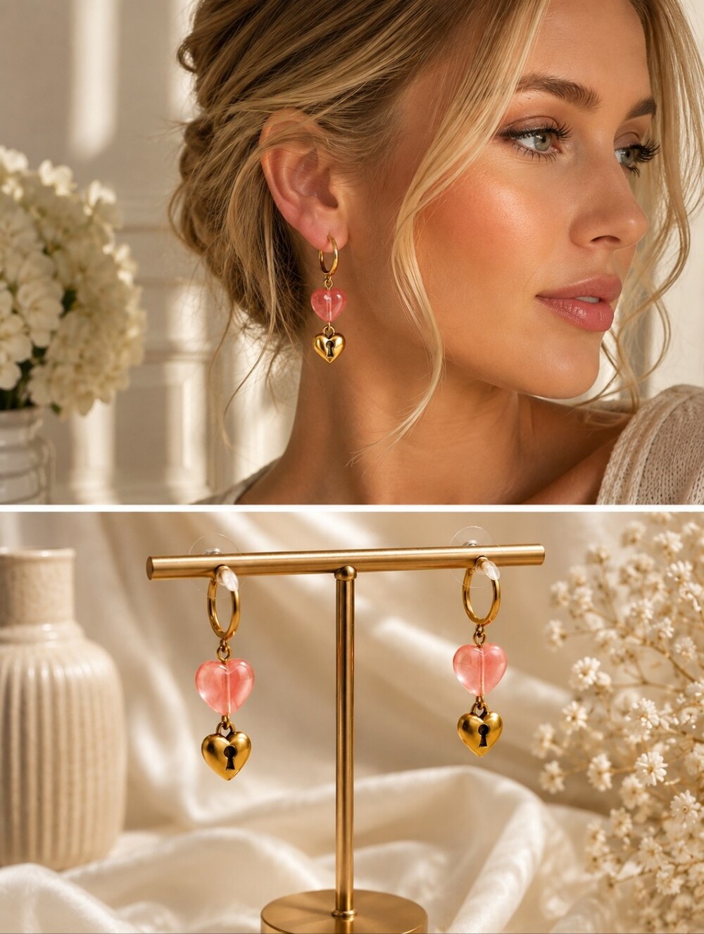 Sequin Gold Drop Earrings with Pink Glass Heart and Lock Charm